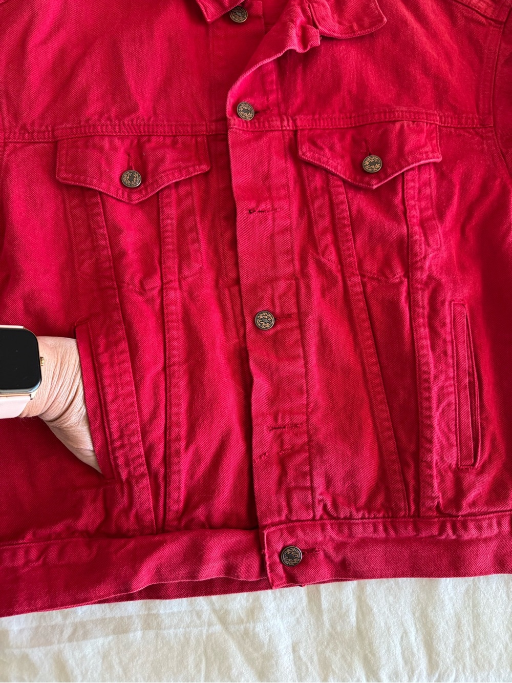Red Women's Jean Jacket Pockets button up front - Picture 5 of 14